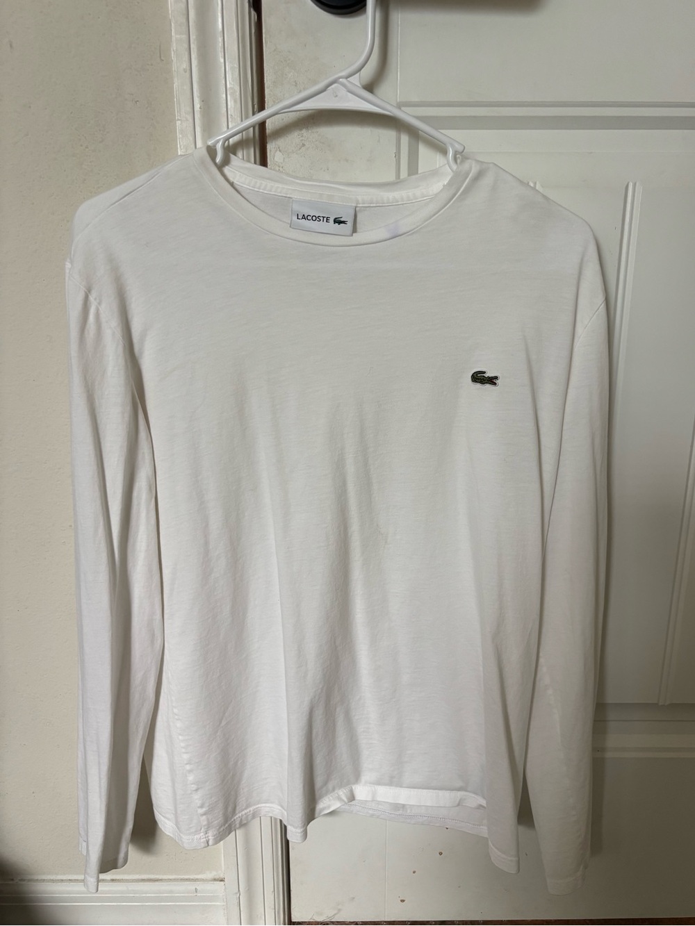 Lacoste White Long Sleeve Crewneck with Green Crocodile Logo 100% Pima Cotton